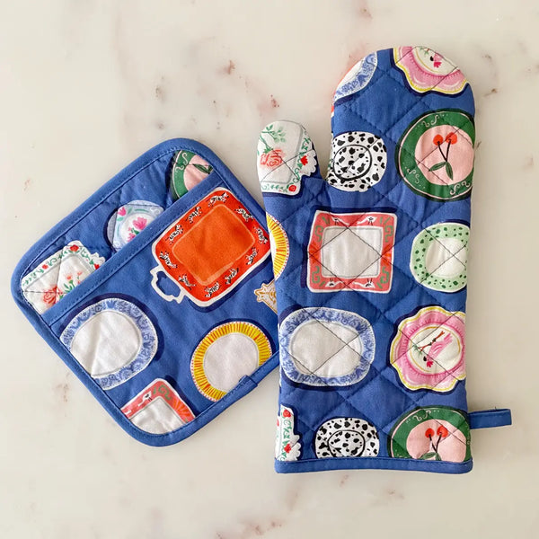 Dinner Plates Cotton Oven Mitt and Potholder Set