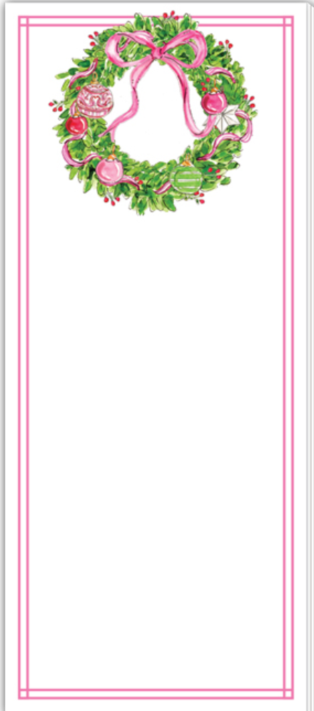 Handpainted Pink Peppermint Wreath with Pink Bow Christmas Notepad